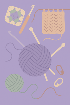 Cartoon style image of yarn balls and other accessories 